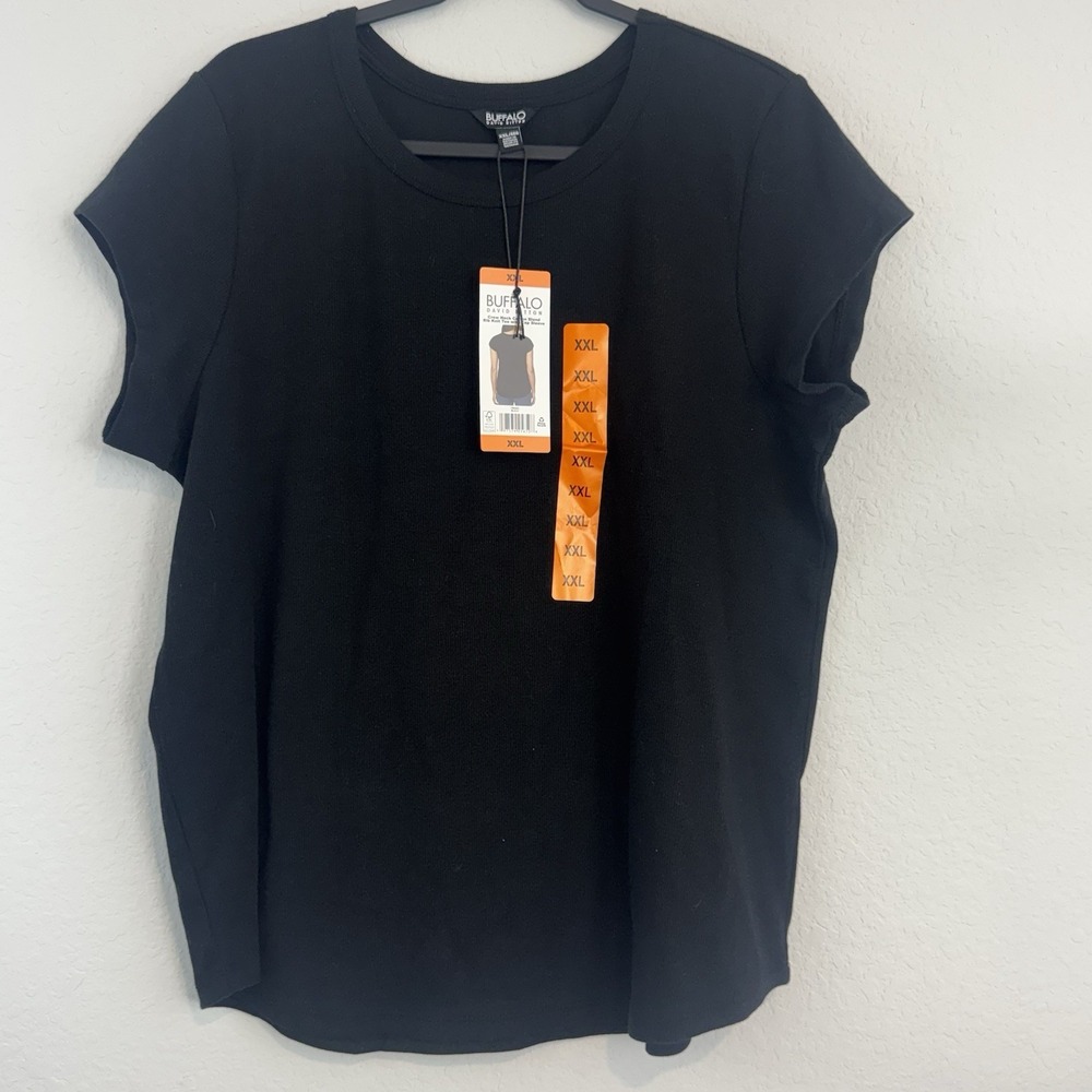 Buffalo Plus Size Rib Knit Crew Neck Cap Sleeve Tee Black Women XXL NWT Casual